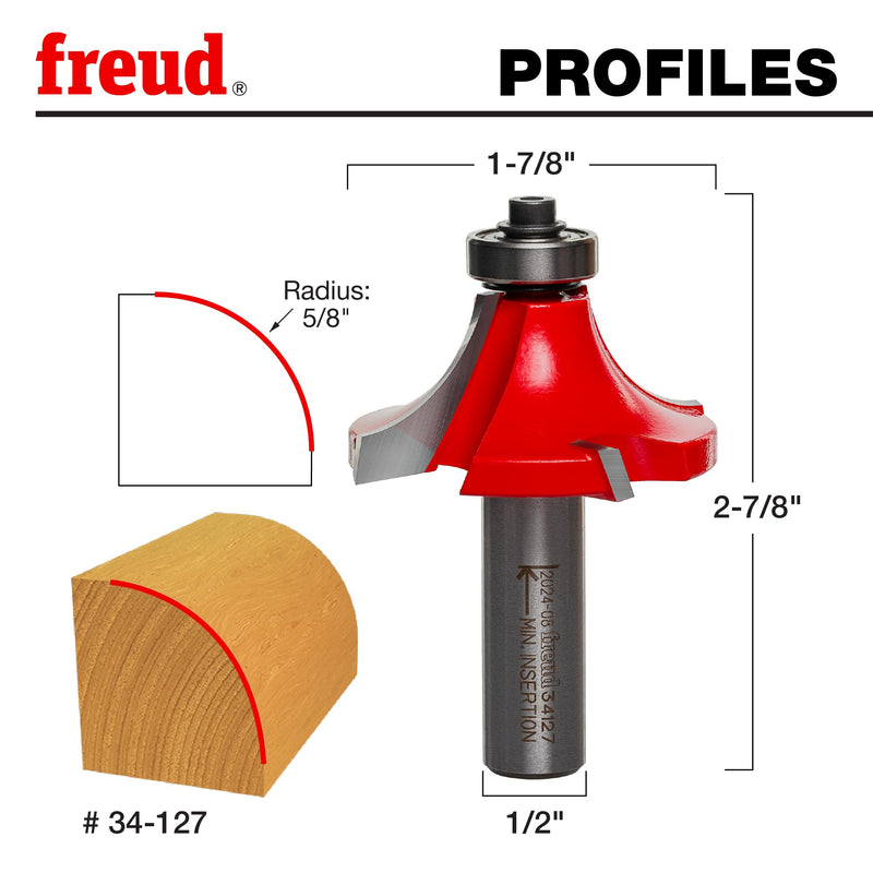 Freud Quadra-Cut Radius Rounding Over Bit with Perma-Shield Coating for Flawless Finish - 4 Cutters, 1/2" Shank Dia., 5/8" Radius, 2-7/8" Length - 34-127