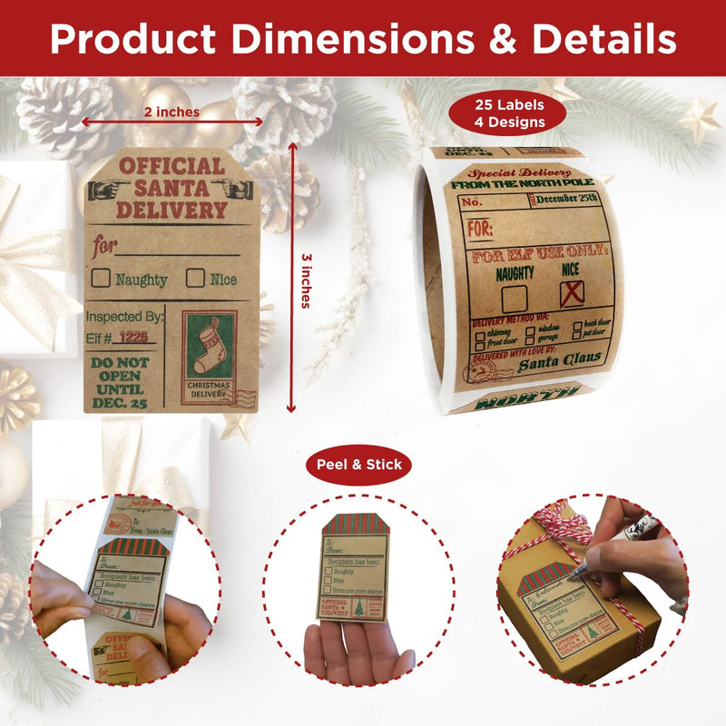 Natural Kraft from Santa Claus Stickers – 2 x 3 Inch Vintage Christmas Gift Tags, Set of 25 Labels – Eco-Friendly Holiday Wrapping, Made in The USA