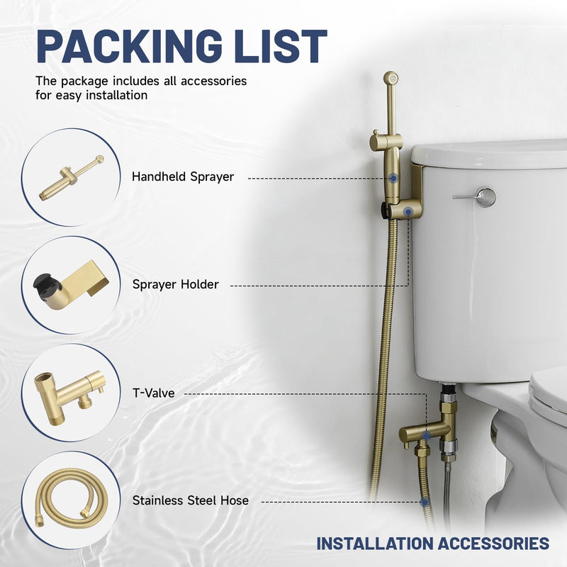 Handheld Bidet Sprayer for Toilet, Handheld Sprayer Attachment for Toilet with Adjustable Pressure Control Brushed Gold Bathroom Fixture Bidet Sprayer Sets, Brass Fixed Length