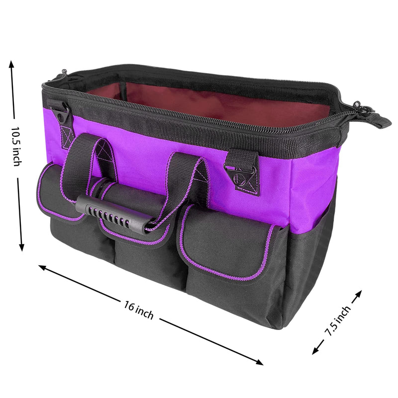 Garden Tools Bag 16 inch Wide Mouth Tool Bag with Molded Base Tool Tote for Women, Heavy Duty,600D polyester fabric (Purple color) Purple color