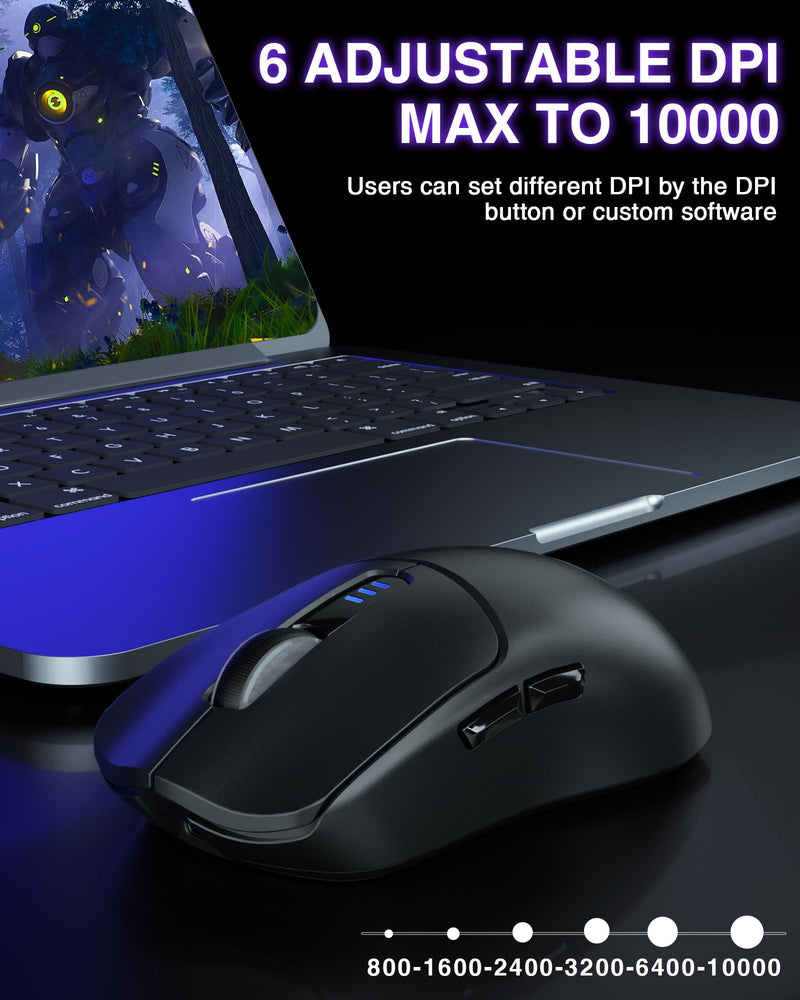 AULA SC580 Wireless Gaming Mouse, Tri-Mode 2.4G/BT5.0/USB-C Gaming Mouse, 10000 DPI Rechargeable Wireless Mouse with 6 Programmable Buttons, Ergonomic Computer Mouse for Laptop/PC/Mac/Tablet Black