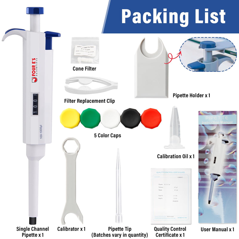 1000uL Micropipette, 1mL Lab Single Channel Micro Pipettes, Adjustable Variable Volume for Liquid Laboratory Scientific School 100-1000μl