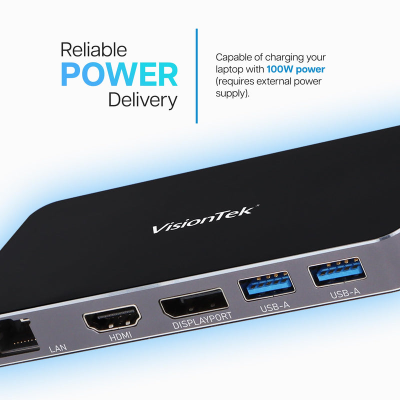VisionTek VT350 Portable USB-C Dual Monitor Hub - 1x DP, 1x HDMI, 2X USB-A, 1x Ethernet, 1x USB-C for Windows/MacOS/ChromeOS/iOS