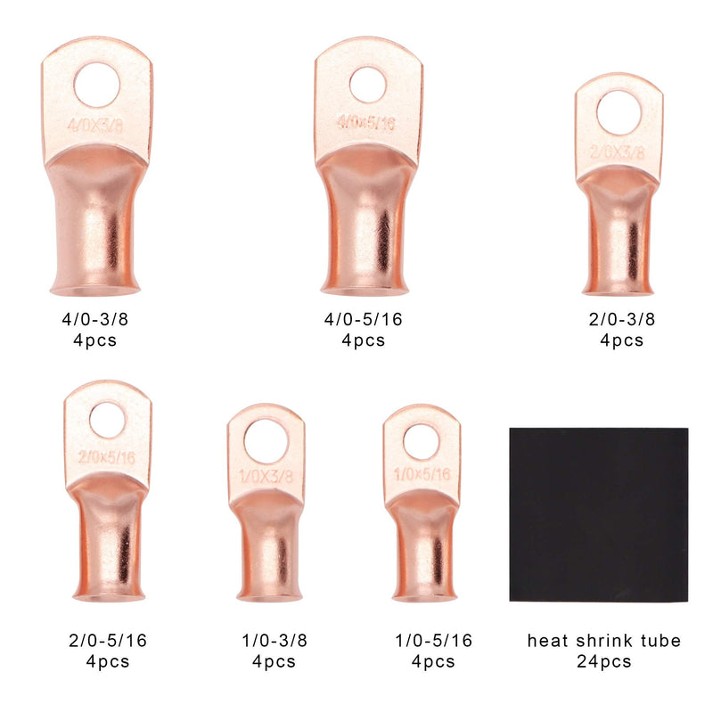 48PCS Battery Cable Copper Wire Lugs Ends 1/0 2/0 4/0 Gauge 5/16 3/8, Crimp Ring Terminal Connectors with Heat Shrink Tubing Assortment Kit AWG1/0~4/0