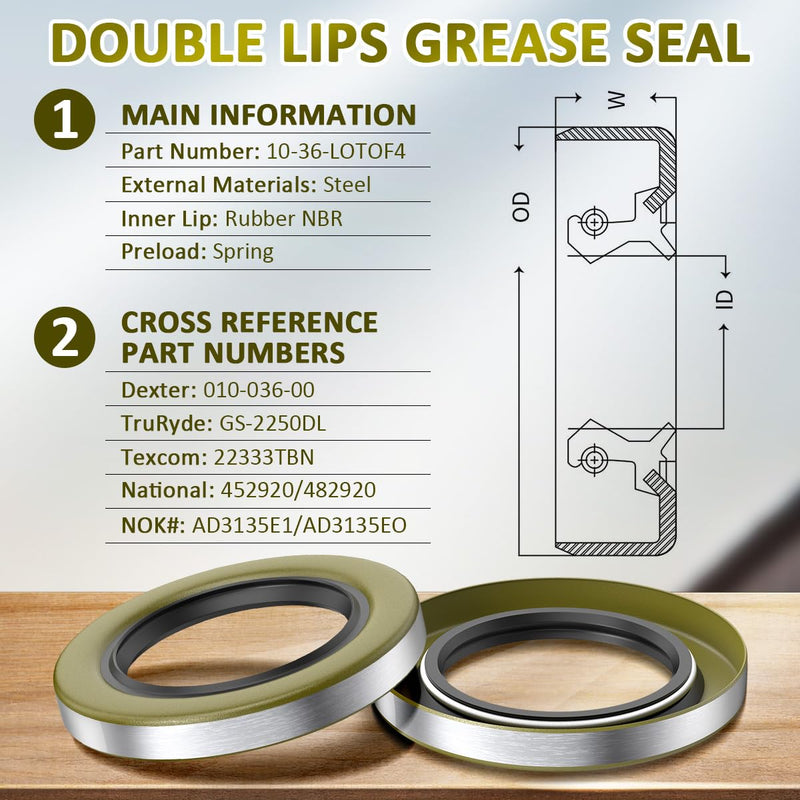 4 Pack 10-36-LOTOF4 Double Lip Grease Seal 2.25 x 3.376 for Dexter 010-036-00, TruRyde GS-2250DL, Texcom 22333TBN, National 452920, 482920, NOK AD3135E1, AD3135EO