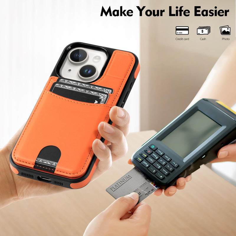 Compatible iPhone 14 Plus Wallet Case with Credit Card Holder【Compatible with Magsafe】 Women Men【RFID Blocking】 PU Leather flip Cover Protective case Suitable Apple 14 Plus,Orange Orange