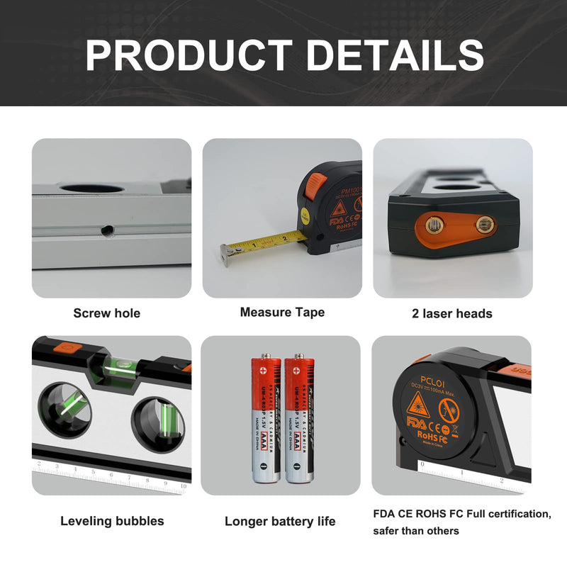 Laser Level Line Tool, 4 in 1 Multipurpose Standard Cross Line Laser Level, 10ft/3M Measure Tape Ruler, 3 Mode Laser Line,3 leveling bubble and Ruler Base for Picture Hanging, Home Renovation