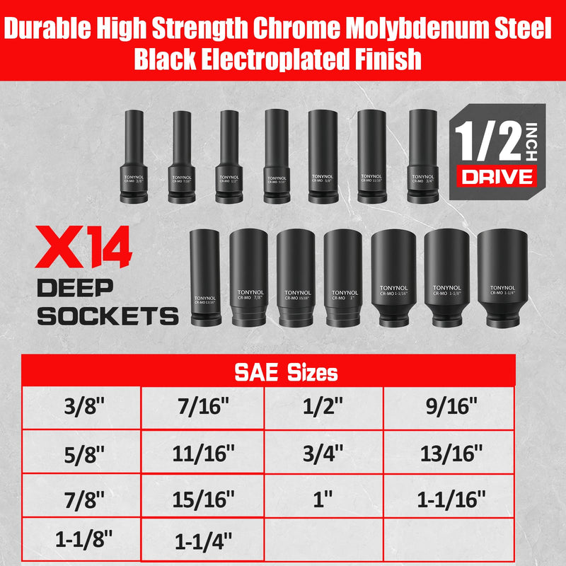 1/2 Inch Deep Drive Impact Socket Set,12-Point,SAE(3/8" to 1-1/4"),14 Pcs,Cr-Mo Steel,With a Storage Case
