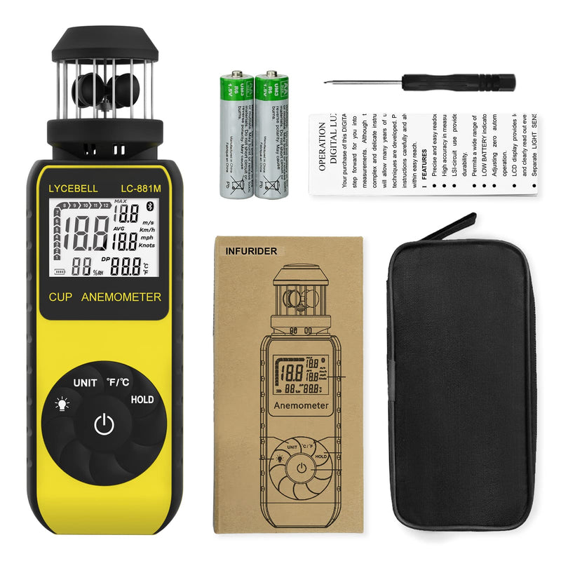 Anemometer Handheld LC-881M Portable Anemometer Wind Speed Meter Measures Wind Speed/Temperature with Compass, 360° Wind Direction Wind Cup Anemometer