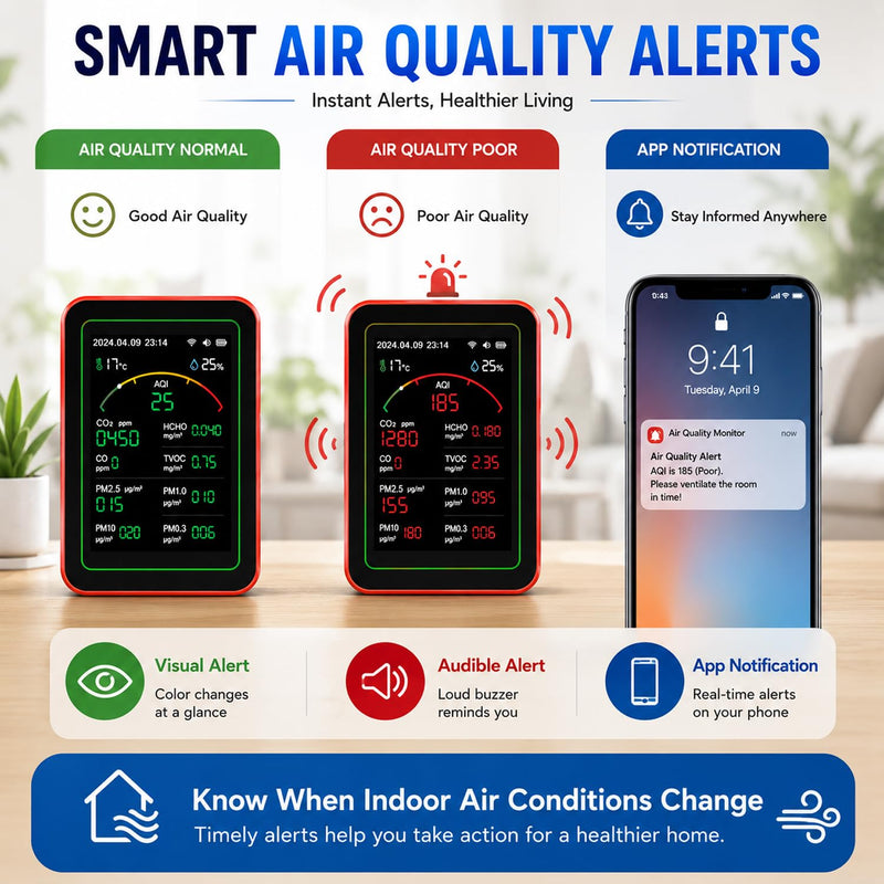 15-in-1 WiFi Indoor Air Quality Monitor with App, CO₂, TVOC, HCHO, PM2.5 and PM10 Monitor, Temperature and Humidity Display, Colour Display, Air Quality Alarm for Home and Office WiFi 15in1
