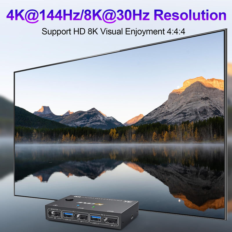 KCEVE KVM Switch 2 Computers 1 Monitor Displayport, USB 3.0 KVM Switch Displayport 4K@144Hz for 2 Computer Share 1 Monitor and 4 USB Devices, with Wired Remote 1 Monitor 2 PC 4 USB