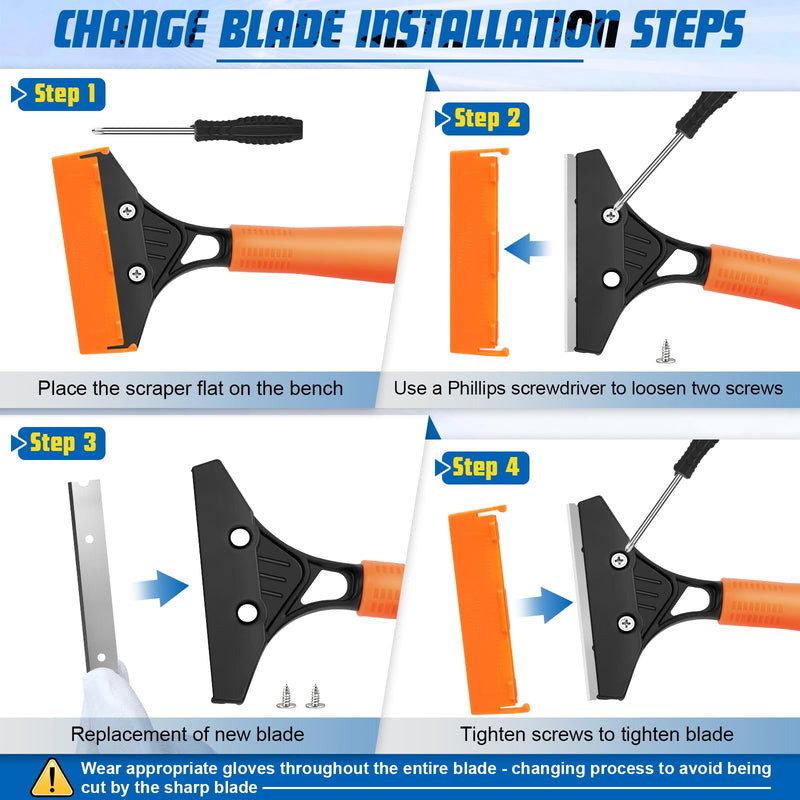 Razor Blade Floor Scraper with Long Handle, 4 Inch Floor Scraper Tools Heavy Duty with 10PCS Extra Metal Blades,Paint Scrapers for Cleaning Wall Glass Floor Paint Gum Stains Stickers Linoleum Orange
