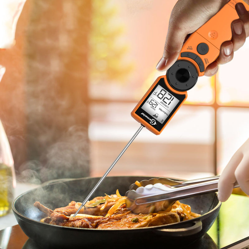 Digital Meat Thermometer for Grill, Instant Read Food Thermometers for Cooking with Food Doneness Guide, Calibration and LCD Backlight Screen, High Accuracy ±1% ℉, BBQ Beef Candy Orange