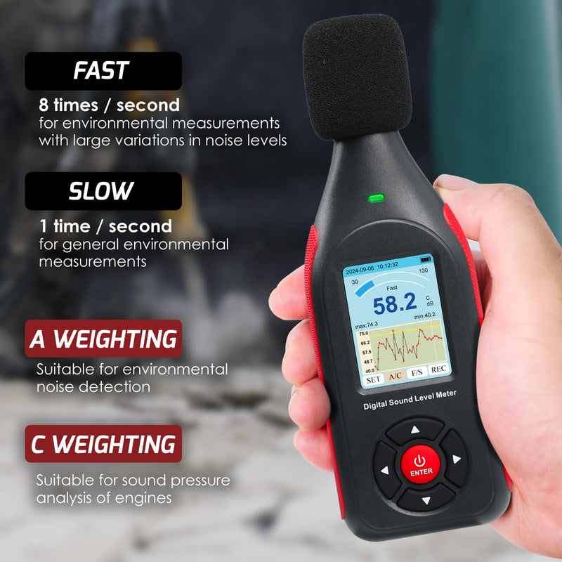 Decibel Meter, Data Logger, Digital Sound Decibel Meter, Sound Level Meter with 43,000 Records and Export, Rechargeable Noise Meter with A/C Frequency and DC Output with Alarm