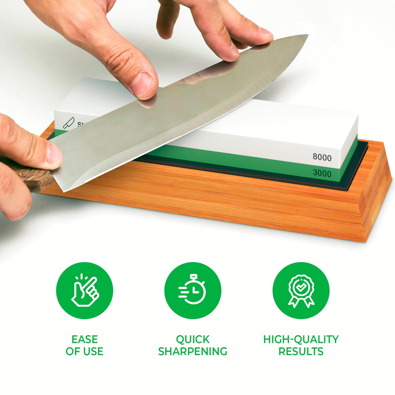 Sharp Pebble Premium Whetstone Knife Sharpening Stone 2 Side Grit 3000/8000 Wetstone Kit -Wetstone Kitchen Knife Sharpener with Non-Slip Bamboo Base & Flattening Stone