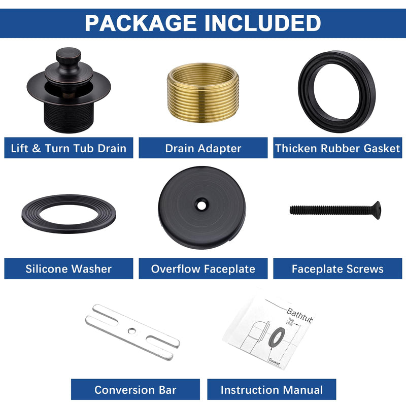 Brass Bathtub Drain Kit, Lift and Turn Tub Drain Kit with Overflow Faceplate, Oil Rubbed Bronze 1-hole