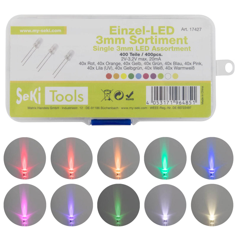 SeKi LED range with 400 pieces of 3mm light-emitting diodes - 10 values; Red, orange, yellow, green, blue, pink, purple (UV), yellow-green, white, warm white - SUPER BRIGHT