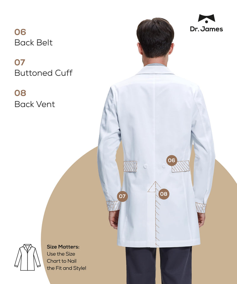 Dr. James Men’s Lab Coat – White Medical Coat, Slim Tailored Fit, Consultation Length 36”, OEKO-TEX® Certified Medium