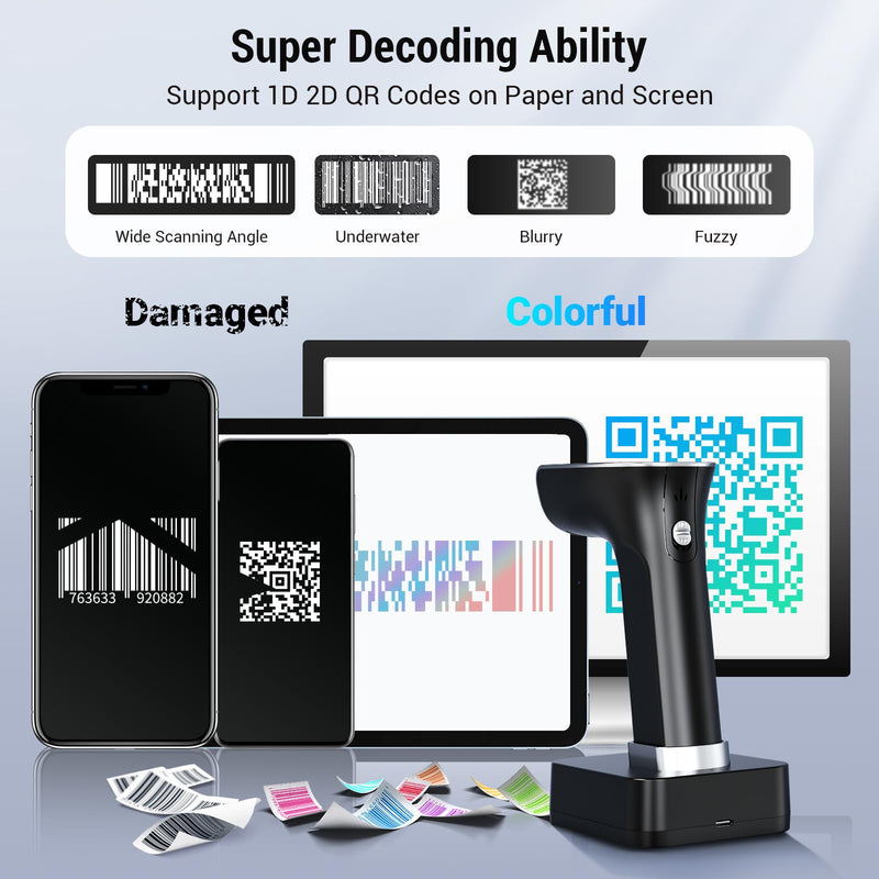 Tera Barcode Scanner Wireless with Screen: Pro Version 1D 2D QR with Digital Setting Keypad Power Switch Charging Cradle Works with Bluetooth 2.4G Wireless Bar Code Reader HW0015 Silver