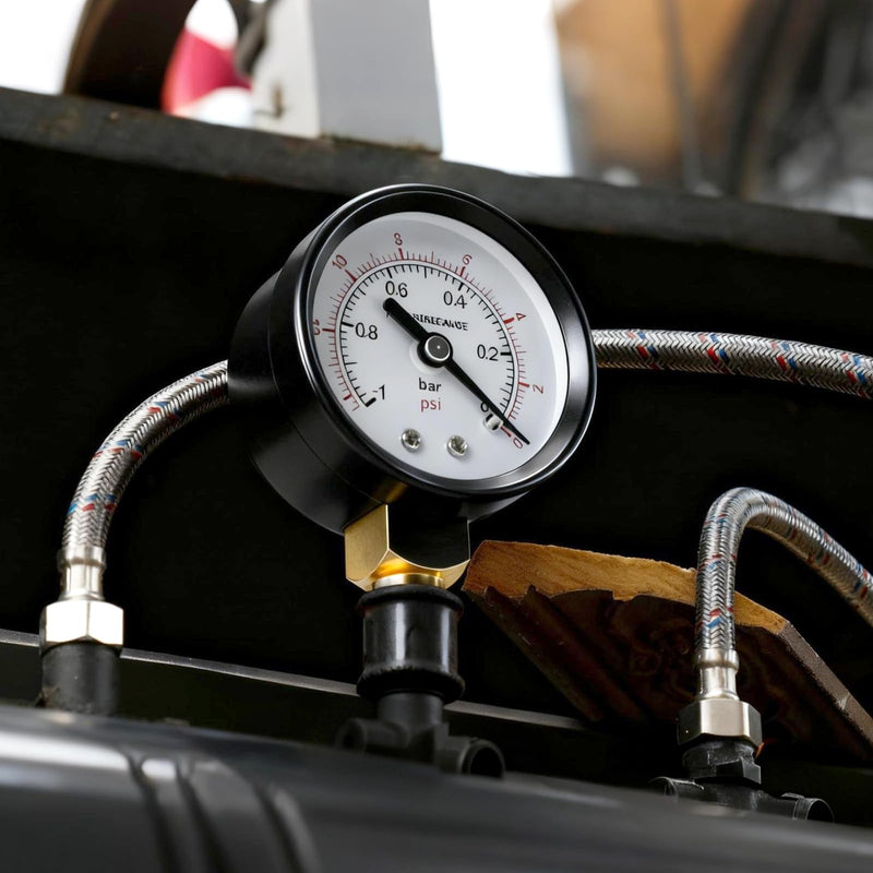 1 x 50 mm vacuum gauge BSP 1/4 inch -1~0 bar -14~0 psi with 2 pieces socket 1/4 inch to 3/8 inch, 1/4 inch to 1/2 inch and 1 piece hex nipple to reduce from 1/4 inch to 1/8 inch, a Teflon tape, radial 50MM, -1 bar(-14 psi)