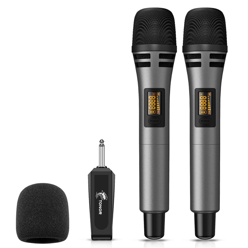 TONOR Wireless Microphones, UHF Dual Karaoke Microphone System, Microfonos Inalambricos with Rechargeable Receiver, Cordless Dynamic Mic Micro Set for Singing, Wedding, DJ, Party, Speech TW320 Grey Dual Mic Grey