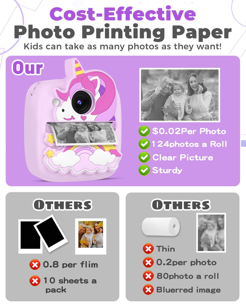 Instant Print Camera for Kids 3-12 Years, Thermal Print Kids Camera Toy is a Surprise Gift for Girls & Boys with 32G SD Card, 48 MP Photo, 1080P Video, 3 Rolls of Photo Paper (Purple) Purple