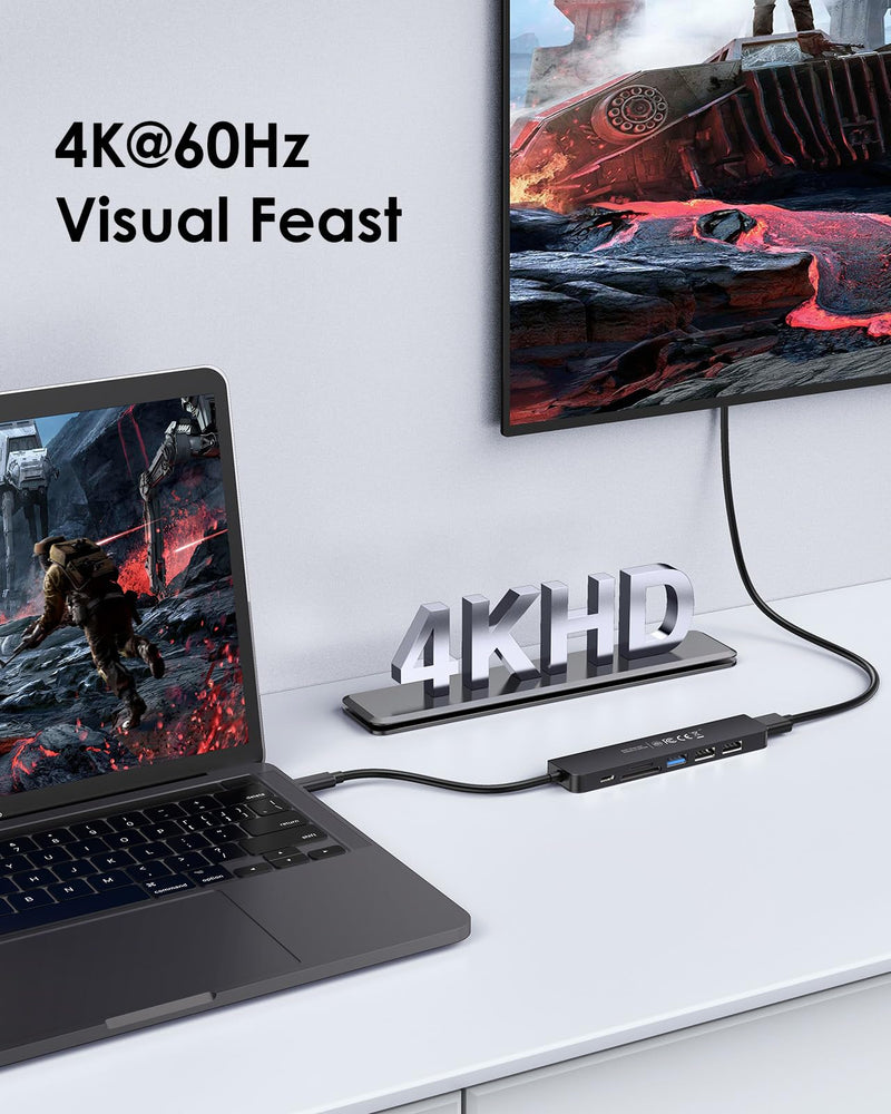 LENTION USB C Hub with 100W Charging, 4K@60Hz HDMI, Dual Card Reader, USB 3.0 & 2.0 Compatible 2024-2016 MacBook Pro, New Mac Air/Surface, Chromebook, More, Stable Driver Adapter (CB-CE18p.Black) Black