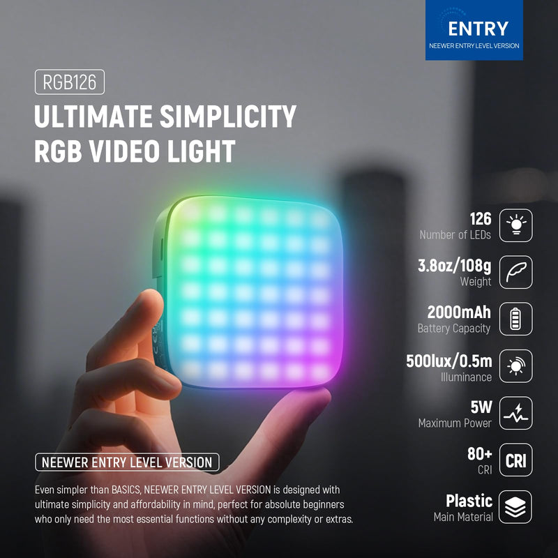 NEEWER Entry Level Version Magnetic RGB Camera Light, 126 LEDs Clip on Portable Small Panel Lighting, 2000mAh 3000-9000K CRI80+ 10 Effects 3 Cold Shoes 1/4" for Tripod Video Recording Selfie, RGB126