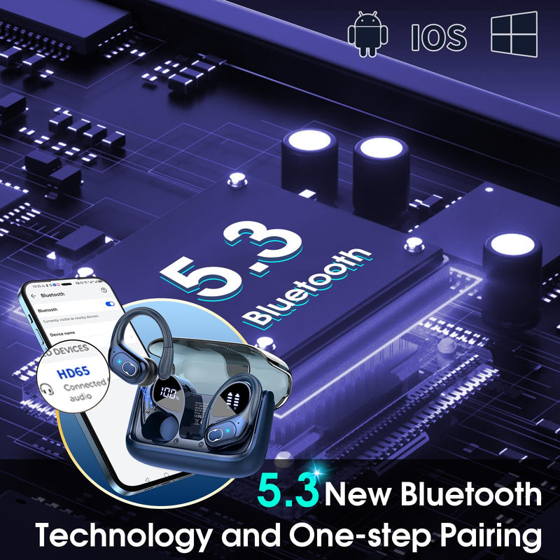 Wireless Earbuds 75hrs Bluetooth 5.3 Headphone Sport, 2025 Bluetooth Earbuds Stereo Deep Bass Over Ear Bud with Earhooks, ENC Noise Cancelling Mic, IPX7 Waterproof Earphone, Royal Blue
