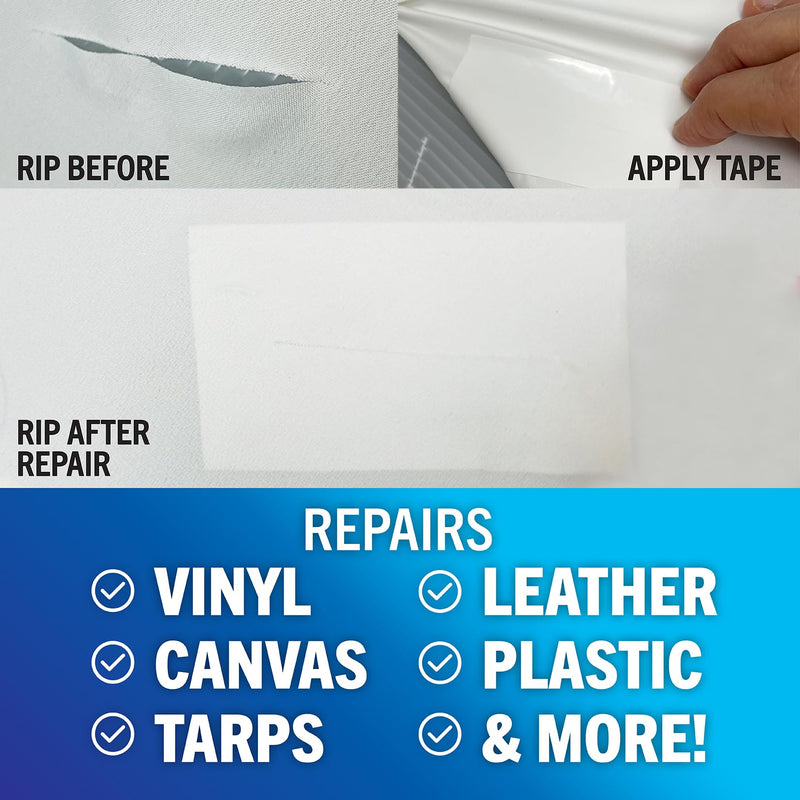 Repair Tape Fabric Repair Boat Covers Canvas Repair Tape Pop Up Camper RV Awning Repair Tape Tarp Canopy Tear & Vinyl Waterproof Bimini Tops Sail Air Mattress Patch Kit 30FTx3 White Heavy Duty