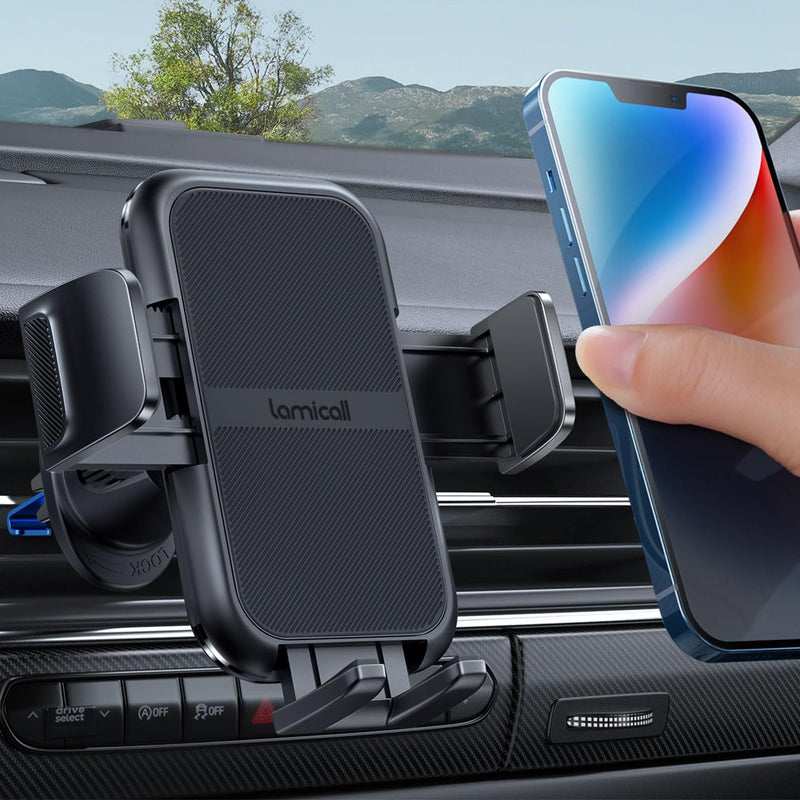 Lamicall 2024 Wider Clamp & Metal Hook Car Phone Holder Vent [Thick Cases Friendly] Phone Holders for Your Car Mount Automobile Hands Free Cradle Air Vent for iPhone 16 15 14 13 Pro Max Smartphone Black