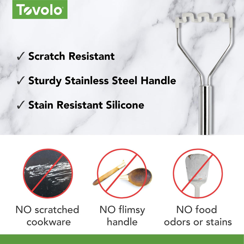 Tovolo Silicone Potato Masher Stainless Steel Handle White Dishwasher Safe Heat Resistant Non Scratch Handheld Coil Wire Potato Smasher for Nonstick Pans Ergonomic Kitchen Food Prep Tool