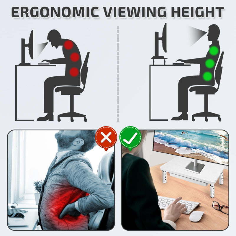 Monitor Riser, White Monitor Stand, Block to Raise TV Height, Solid Wood & Metal Computer Stand, Ergonomic TV Riser Block, 1 Pack, White, 14.5 Inch 1PCS White