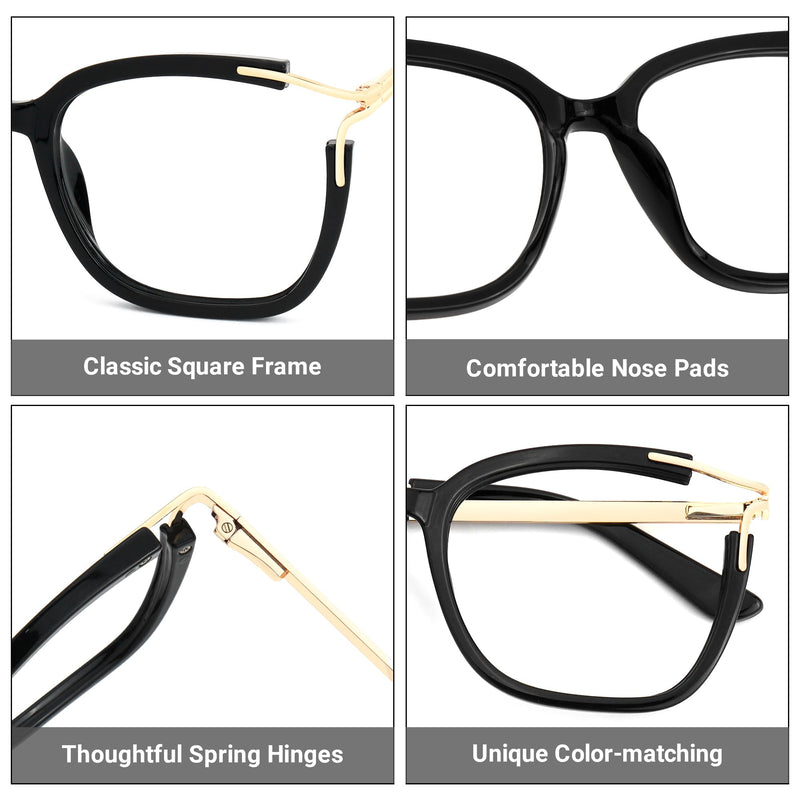 Zeelool Square Blue Light Blocking Glasses for Women Fashion Fake Glasses with Spring Hinges Chic Full Frame Glasses Black Clear Lens