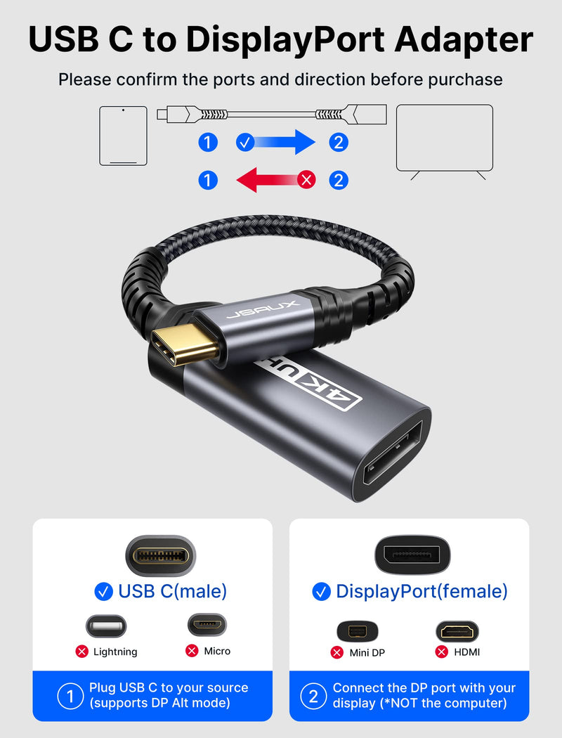 JSAUX USB C to DisplayPort Adapter 4K@60Hz, Type C to Display Port Cable Adapter Compatible with iPhone 15 Pro Max, MacBook Pro 2019 2018, Surface Book, Dell XPS, Samsung Galaxy S24 S23 Note 20-Grey Grey