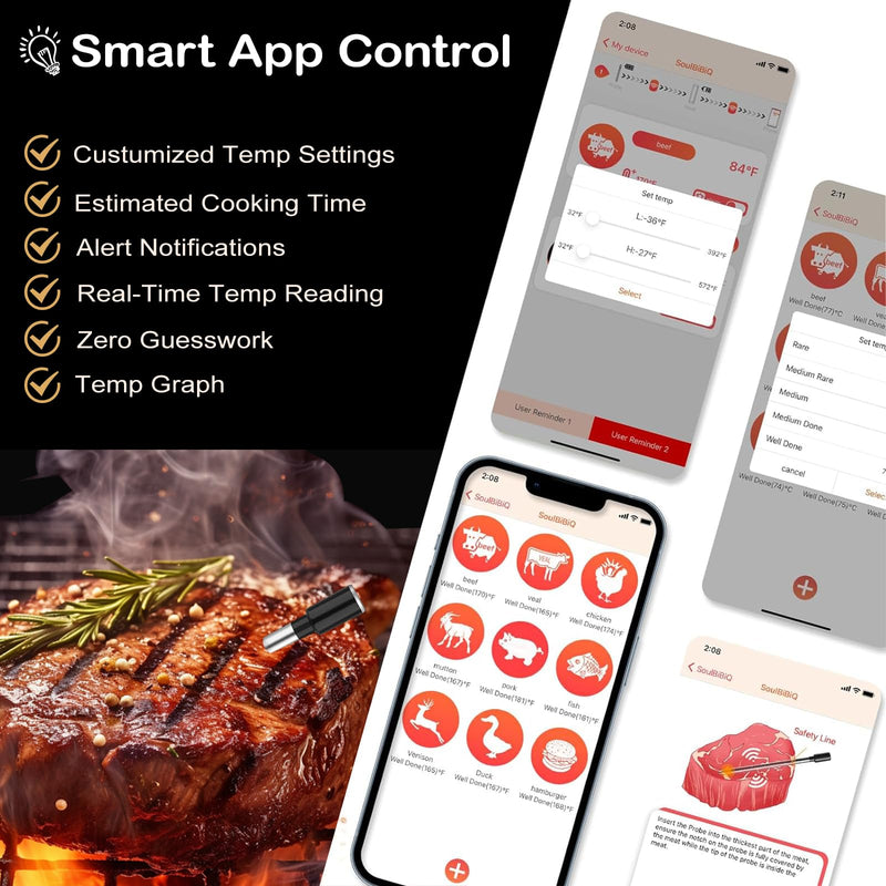 Wireless Meat Thermometer with Instant Read - 300FT Remote Digital Food Thermometer with Stainless Probe for Cooking, Grill, Oven, Smoker - Dual Sensor, Waterproof, Up to 120H Battery Power