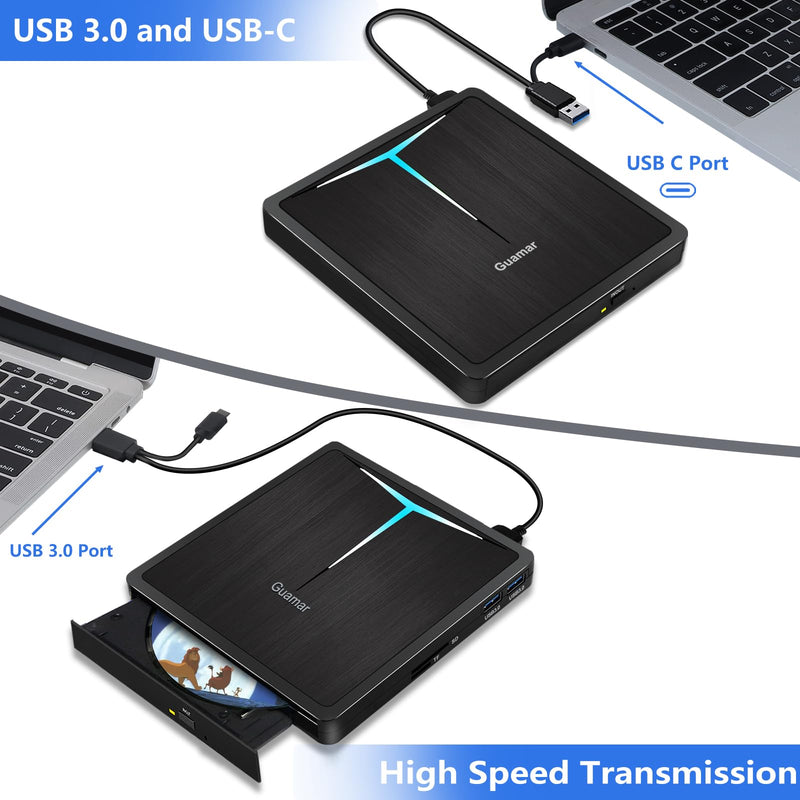 Guamar External CD/DVD Drive for Laptop, USB 3.0 USB-C DVD Player CD Burner with 2 USB Ports SD TF Slot, Portable CD DVD ROM Drive Disk Reader Writer for PC Mac MacBook Windows 11 Linux Light Black