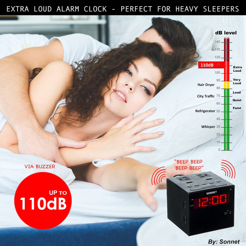 Sonnet Alarm Clock Charging Station, Bluetooth Speaker, AM FM Radio, Dual USB Charging Ports, Dual AC Outlets, Very Loud Alarm Clock for Heavy Sleepers and The Hearing Impaired for Desk, Bedroom R1415BT-BLUETOOTH
