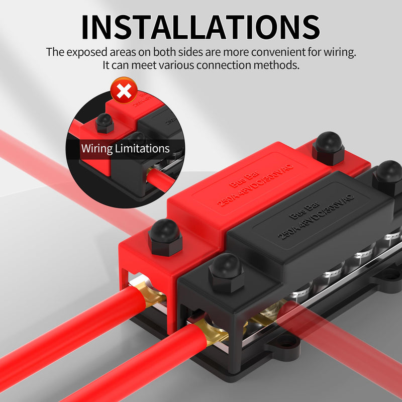 250A DualBus 12V Dual Row Bus Bar Power Distribution Block 12 x 5/16" Terminal Studs Positive and Negative Battery Bus Bar 250A Dual Bus 6 x 5/16" Studs