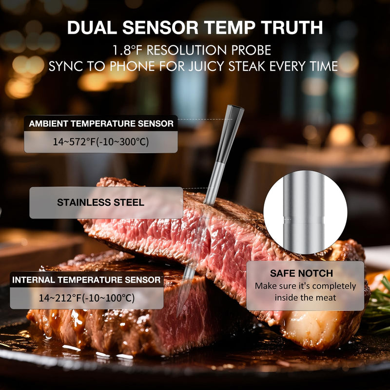 Digital Meat Thermometer Wireless - Smart BT Auto Pairing Food Temperature Thermometer with Dual Wireless Meat Probe for Grill & Oven, Precise Cooking, BBQ