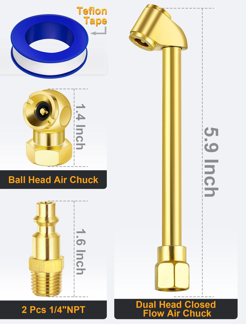 2-Way Connection Air Chuck Set, Heavy Duty Dual Head Air Chuck with Closed Ball Tire Chuck & 1/4 Inches NPT Male Quick Plug, Tire Air Fill Kit for Tire Inflator Gauge and Air Compressor