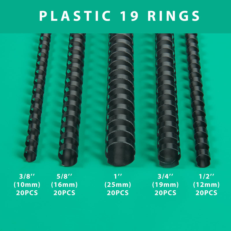 TOTiyea 100 Pack 19 Ring Binding Combs, Multi Sizes, 3/8 Inch, 1/2 Inch, 5/8 Inch, 3/4 Inch, 1 Inch, Letter Size, Black Binding Comb Spines Set 3/8", 1/2", 5/8", 3/4", 1" 20 ea, 100 pack
