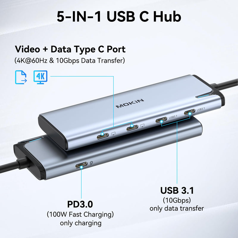 USB C to USB C Hub Dual Monitor, USBC Splitter with 4K@60Hz DP Alt Mode Video Output, 10Gbps Data Transfer, 100W PD Charging, Dual Monitors Adapter for Laptop, Portable Monitor and More Type C Devices Grey