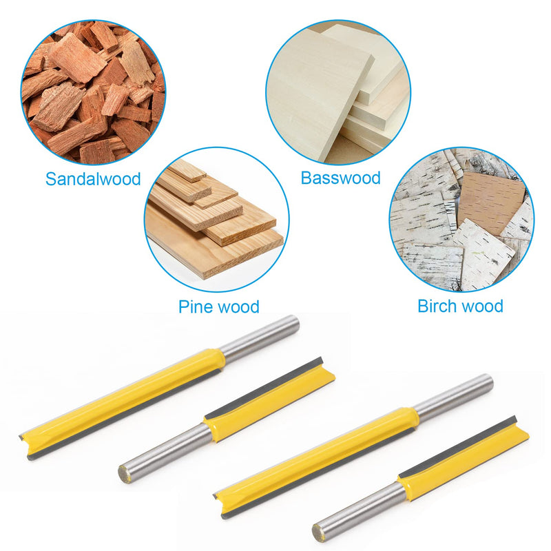 Pack of 4 cutters for routers, 8 mm shank, extra long flush cutters, for wood cutters, cutting, groove milling (72 mm, 83 mm, 96 mm, 109 mm)