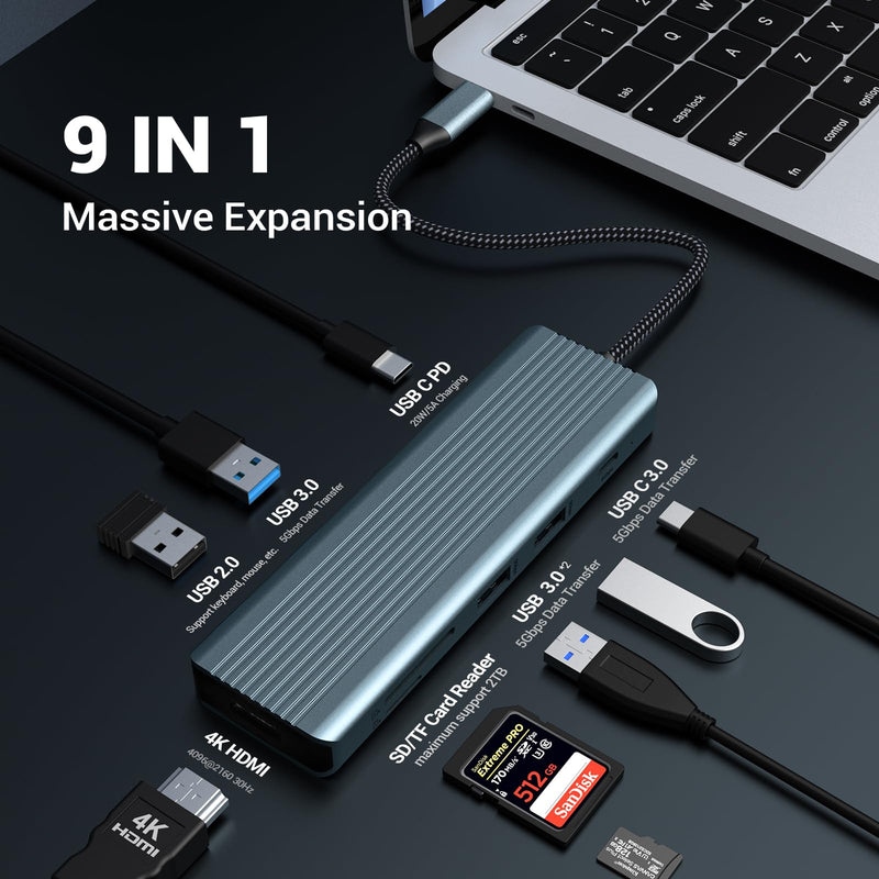 USB C Hub, 9 in 1 Docking Station with 4K@30Hz HDMI, USB C Dock, USB 3.0 x 3, USB C 3.0 Data, USB 2.0, 100W PD, SD/TF Card Reader, Compatible with Laptop and Other Type C Devices