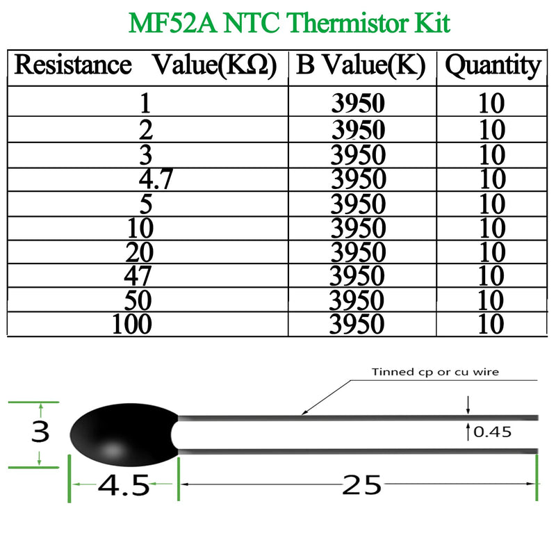 10 Packs 100 Pieces MF52A NTC Thermistor High Accuracy Thermistors Thermal Resistor 100K 50K 47K 20K 10K 5K 4.7K 3K 2K 1K 3950 1%