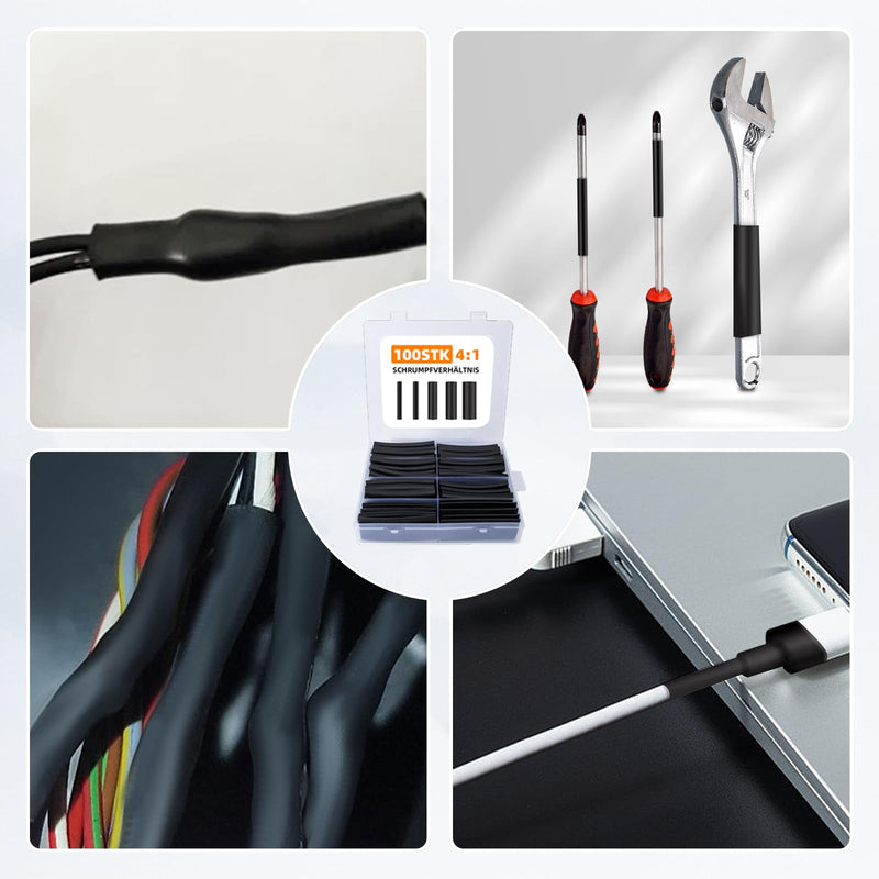 damoguin 90mm Extra Long Heat Shrink Tubing Set with Adhesive, 4:1 Waterproof Shrink Tubing, Heat Shrink Tube, Insulating Tubing Assortment with 5 Different Sizes (Black, 100 Pieces)