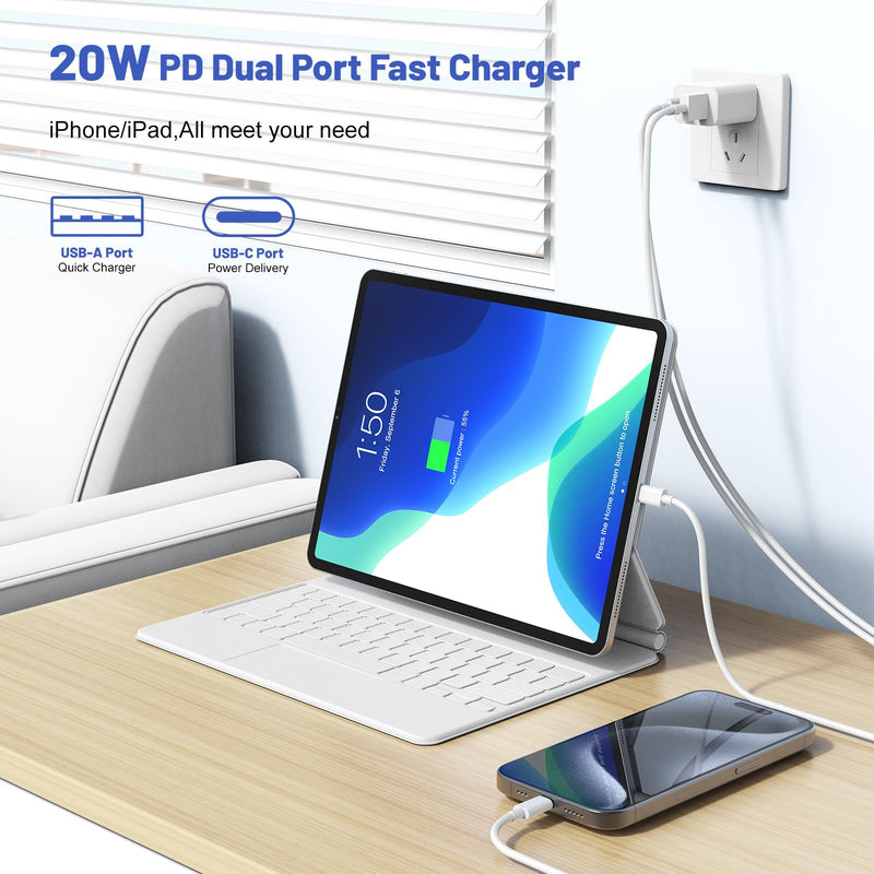 For iPhone 15 Fast Charger,[Apple MFI Certified] 2Pack Dual Port 20W PD Power USB C Wall Charger Adapter with 10FT Long USB C Fast Charging Cable for iPhone 15/15 Pro/15 Pro Max/15 Plus, iPad and More 10 FT white 2