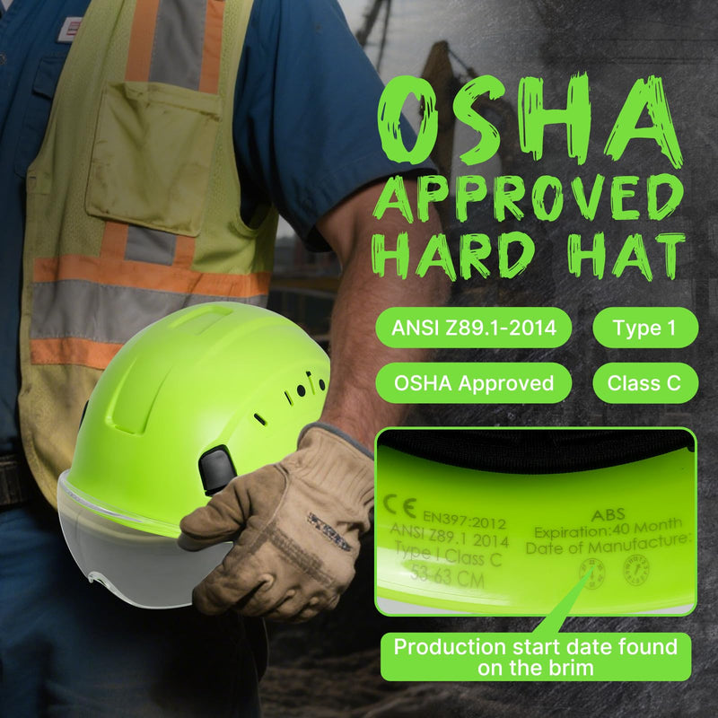 AOLAMEGS Construction Hard Hats with Visor - OSHA Approved Construction Hardhat with Chin Straps Green Hard Hat with Clear Visor