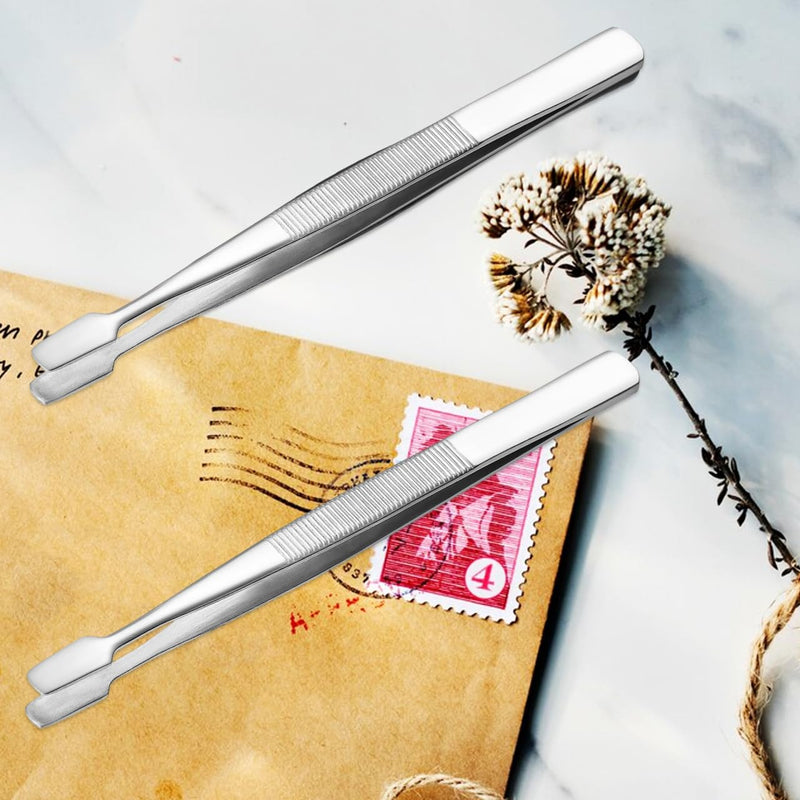 iplusmile Stamp Tweezers Pack of 2 Nickel-Plated 4.33 in / 11.00 cm with Round Flat Tip for Philately Stamp Collectors and Precise Picking of Stamps, Beads and Fine Objects